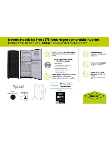 Nevera Haceb 271 Litros No Frost Manija Integrada Negro NEV 271 SE DA ME NE INV
