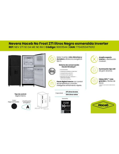 Nevera Haceb 271 Litros No Frost Manija Integrada Negro NEV 271 SE DA ME NE INV